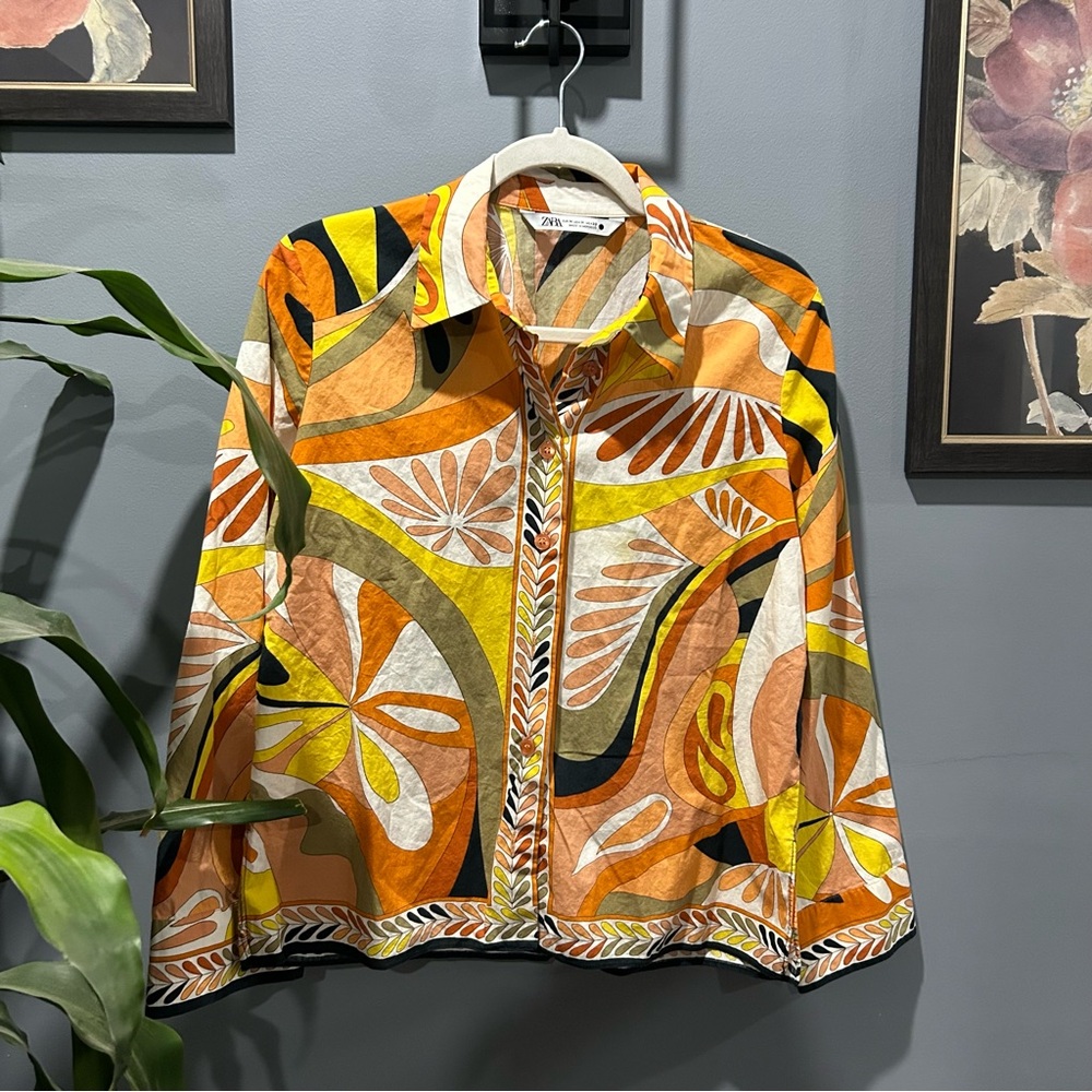 ZARA Black Orange 70's Funky Print Blouse Top Shirt Boho Medium